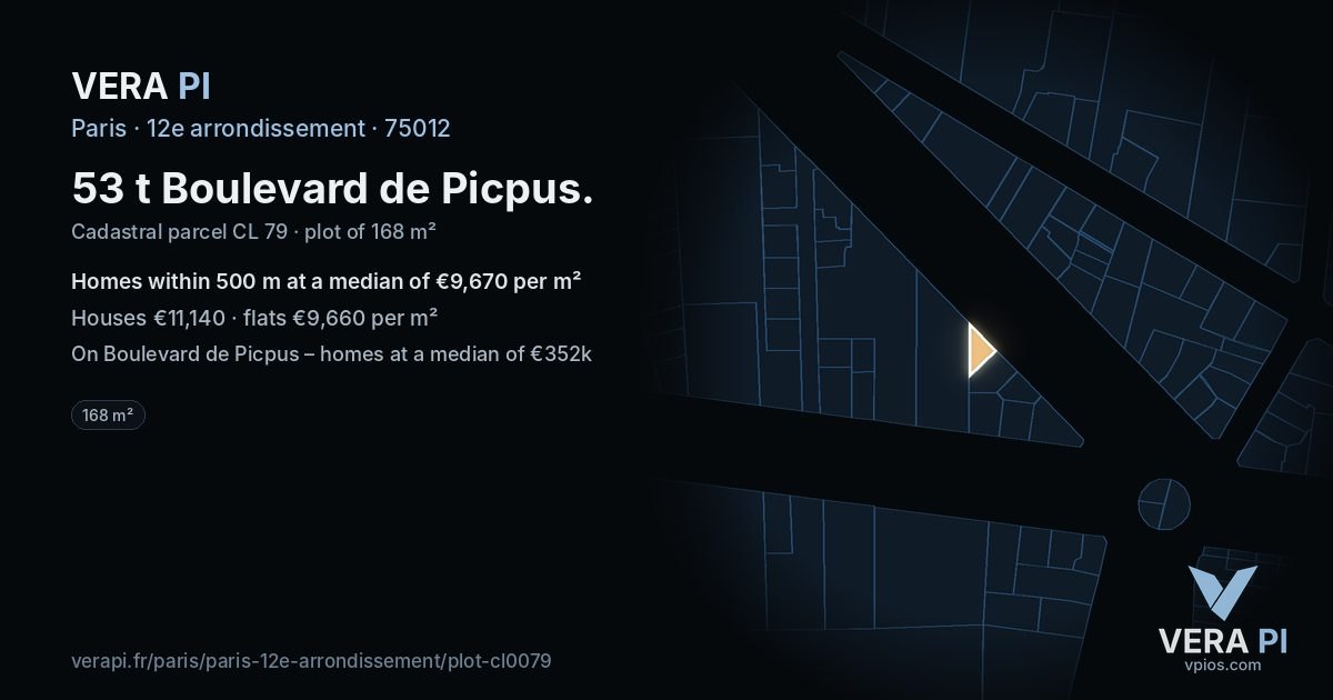 53 t Boulevard de Picpus, 12e arrondissement at night – the plot lit, the parcels around coloured by the prices near them