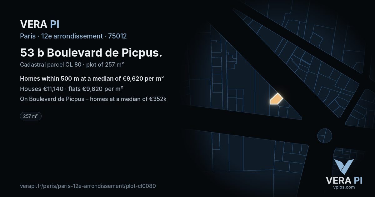 53 b Boulevard de Picpus, 12e arrondissement at night – the plot lit, the parcels around coloured by the prices near them