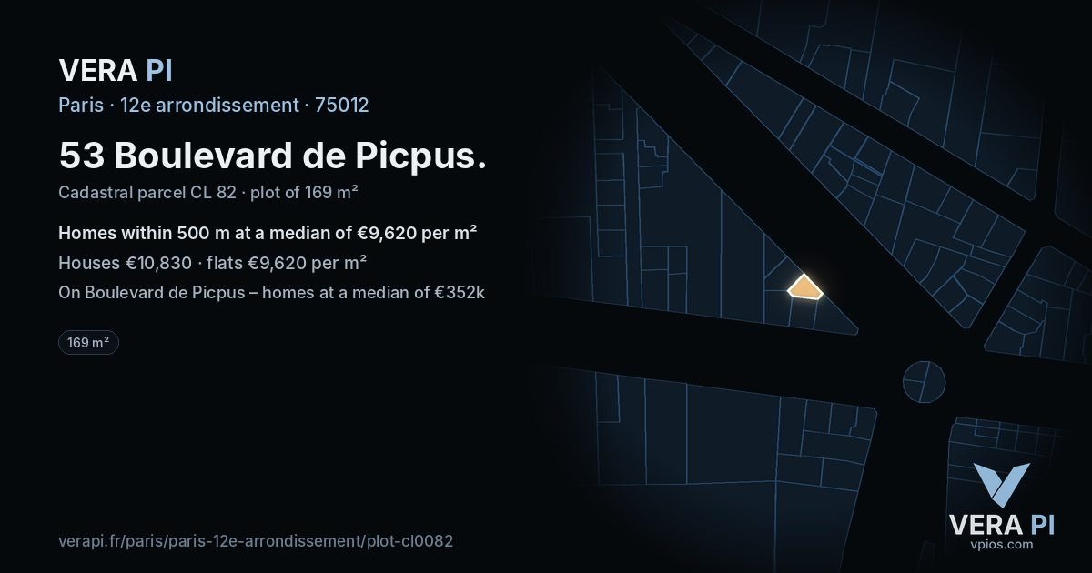 53 Boulevard de Picpus, 12e arrondissement at night – the plot lit, the parcels around coloured by the prices near them