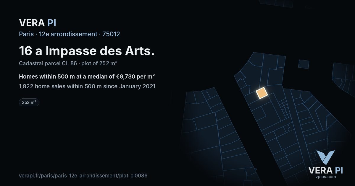 16 a Impasse des Arts, 12e arrondissement at night – the plot lit, the parcels around coloured by the prices near them