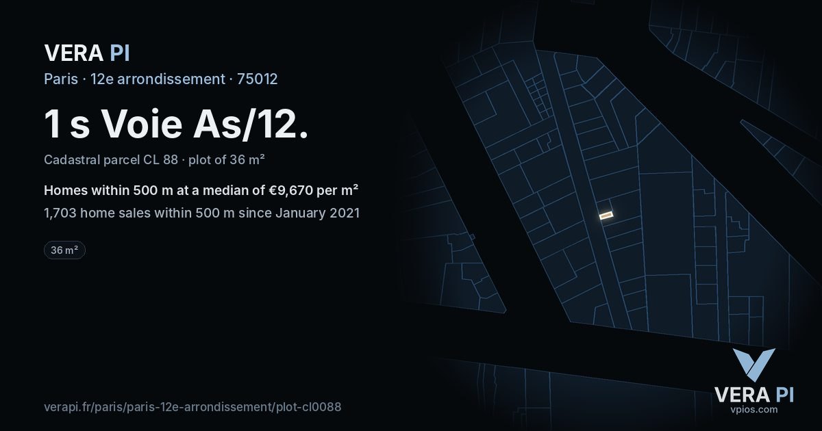 1 s Voie As/12, 12e arrondissement at night – the plot lit, the parcels around coloured by the prices near them