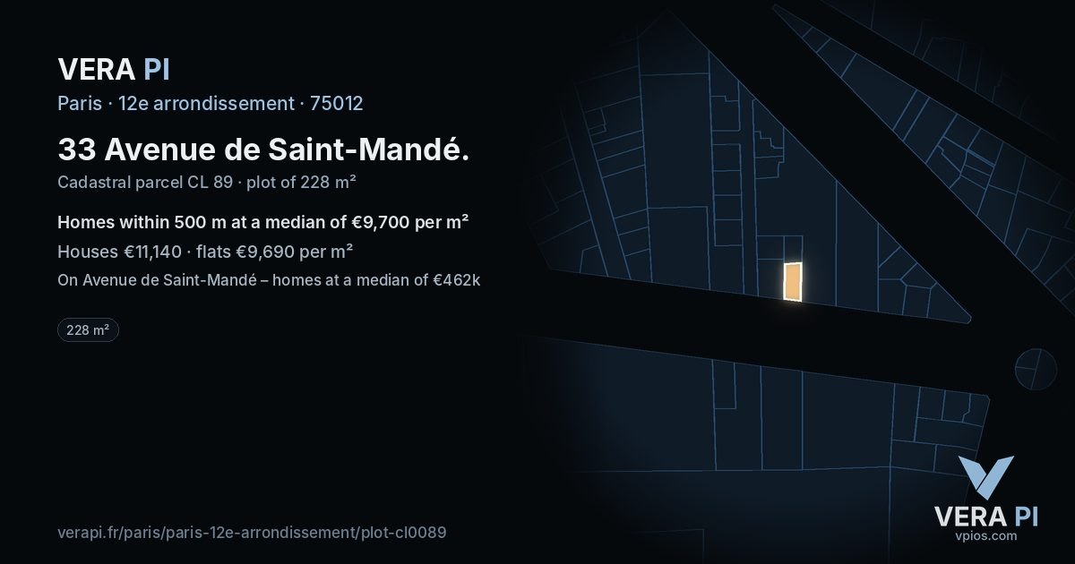 33 Avenue de Saint-Mandé, 12e arrondissement at night – the plot lit, the parcels around coloured by the prices near them
