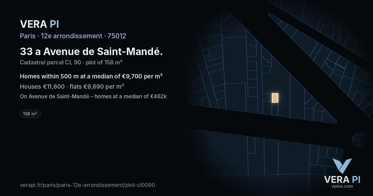 33 a Avenue de Saint-Mandé, 12e arrondissement at night – the plot lit, the parcels around coloured by the prices near them