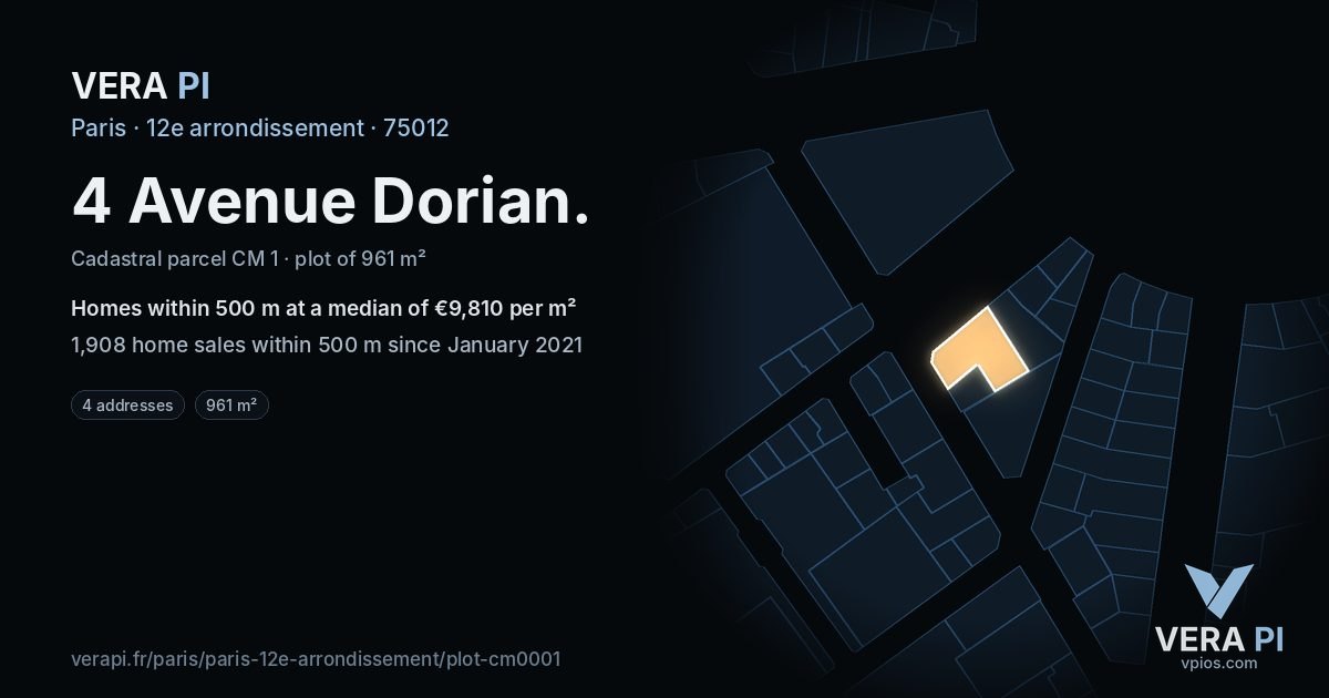 4 Avenue Dorian, 12e arrondissement at night – the plot lit, the parcels around coloured by the prices near them