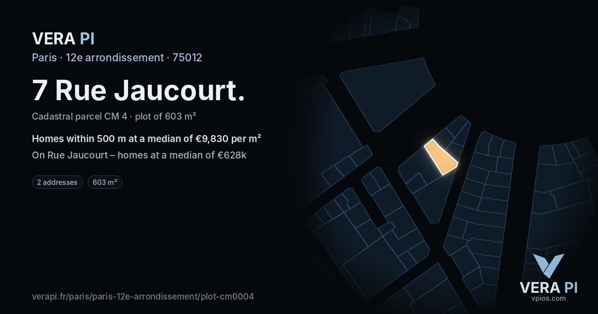 7 Rue Jaucourt, 12e arrondissement at night – the plot lit, the parcels around coloured by the prices near them