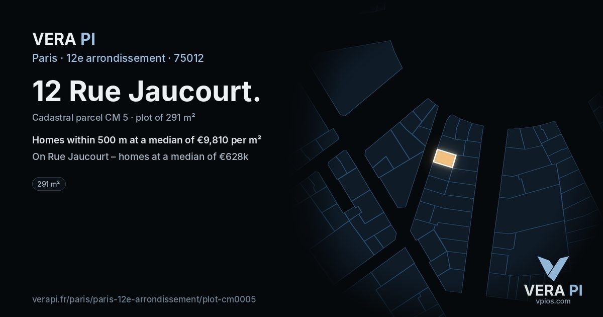 12 Rue Jaucourt, 12e arrondissement at night – the plot lit, the parcels around coloured by the prices near them