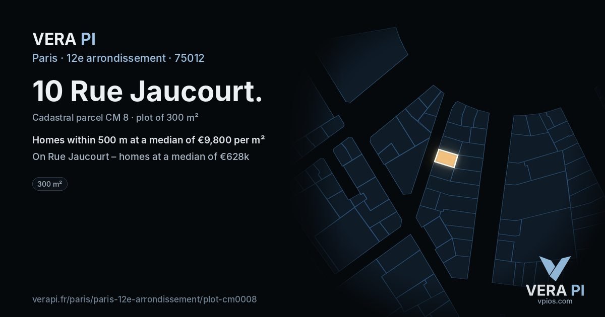 10 Rue Jaucourt, 12e arrondissement at night – the plot lit, the parcels around coloured by the prices near them