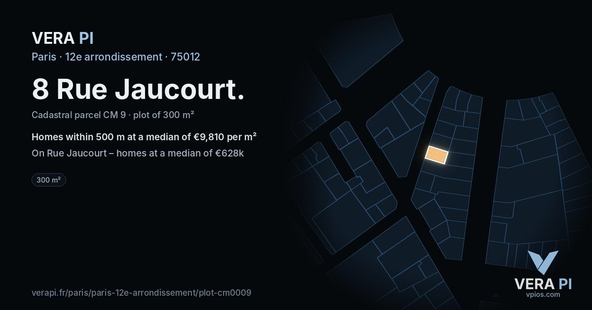 8 Rue Jaucourt, 12e arrondissement at night – the plot lit, the parcels around coloured by the prices near them
