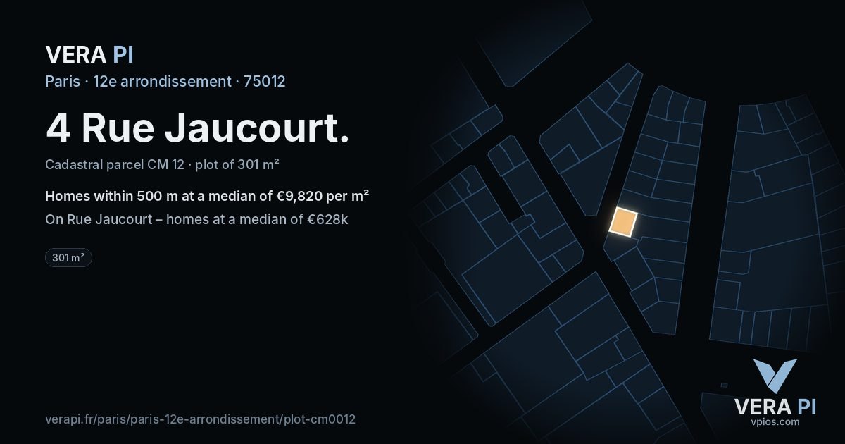 4 Rue Jaucourt, 12e arrondissement at night – the plot lit, the parcels around coloured by the prices near them