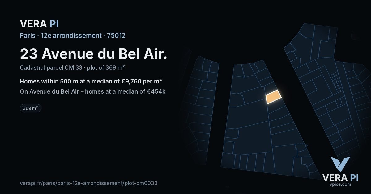 23 Avenue du Bel Air, 12e arrondissement at night – the plot lit, the parcels around coloured by the prices near them