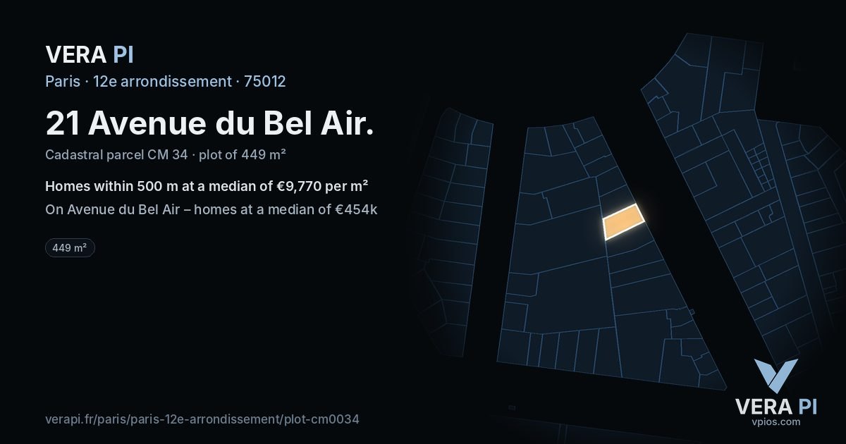 21 Avenue du Bel Air, 12e arrondissement at night – the plot lit, the parcels around coloured by the prices near them