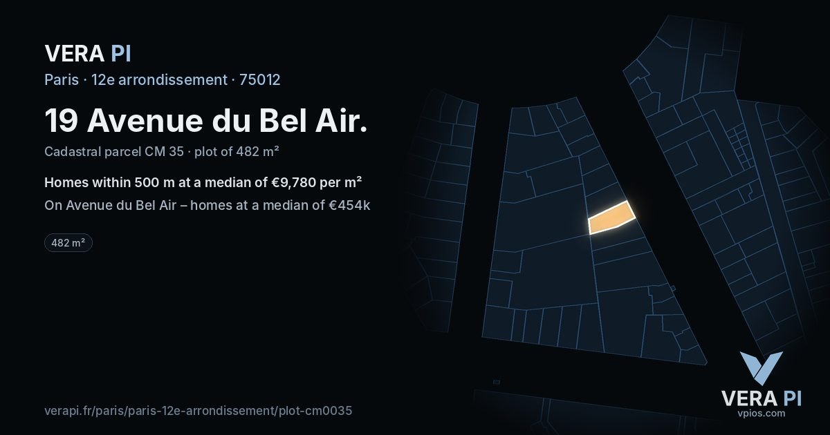 19 Avenue du Bel Air, 12e arrondissement at night – the plot lit, the parcels around coloured by the prices near them