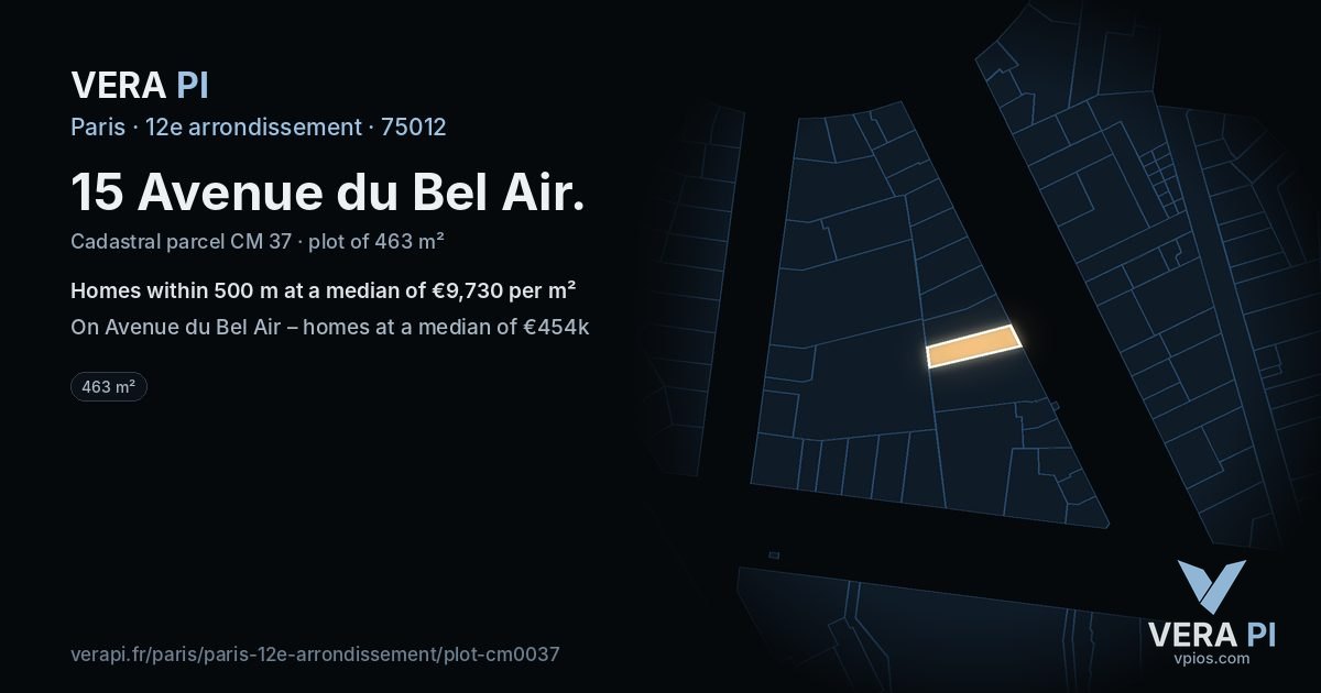 15 Avenue du Bel Air, 12e arrondissement at night – the plot lit, the parcels around coloured by the prices near them