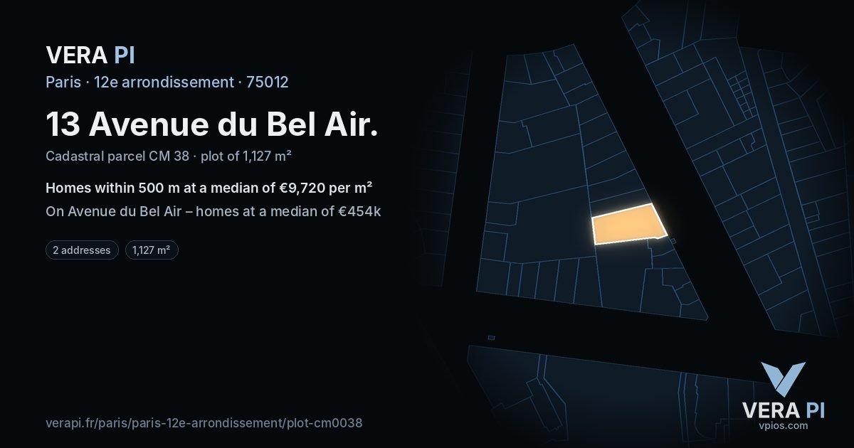 13 Avenue du Bel Air, 12e arrondissement at night – the plot lit, the parcels around coloured by the prices near them