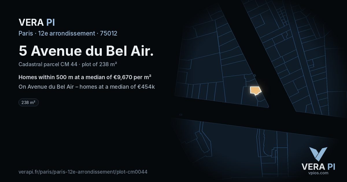 5 Avenue du Bel Air, 12e arrondissement at night – the plot lit, the parcels around coloured by the prices near them