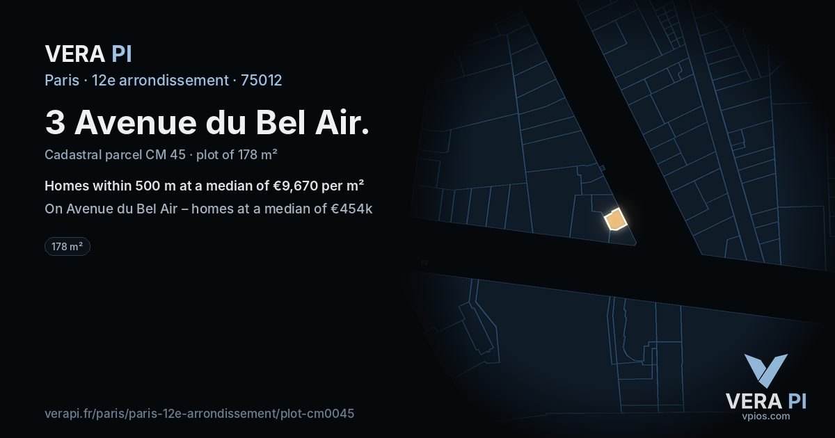 3 Avenue du Bel Air, 12e arrondissement at night – the plot lit, the parcels around coloured by the prices near them
