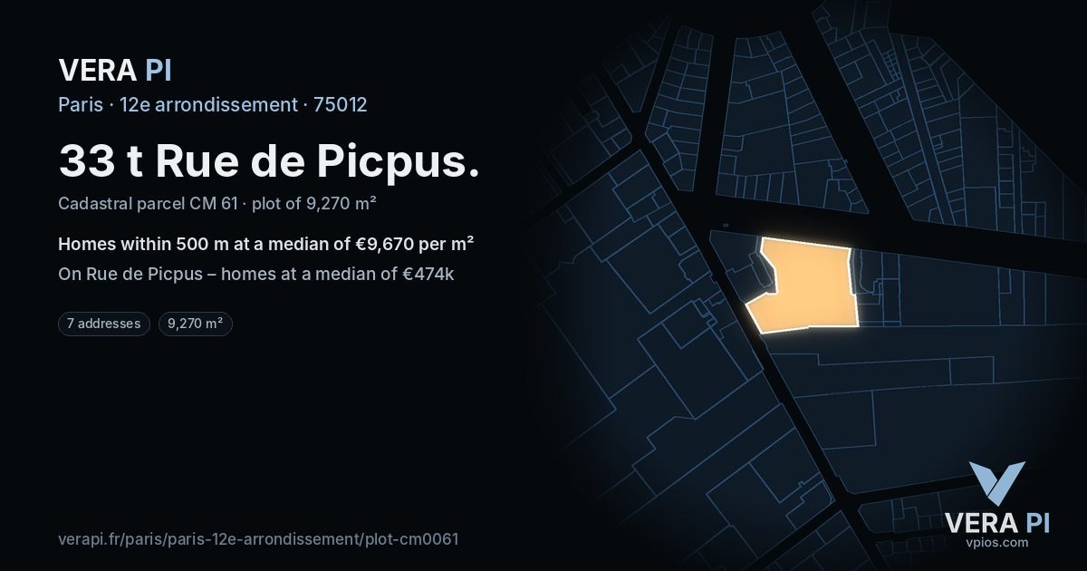33 t Rue de Picpus, 12e arrondissement at night – the plot lit, the parcels around coloured by the prices near them