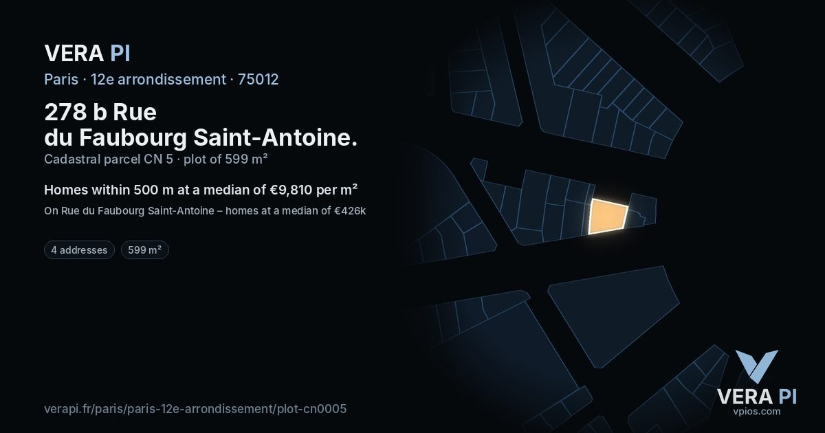 278 b Rue du Faubourg Saint-Antoine, 12e arrondissement at night – the plot lit, the parcels around coloured by the prices near them