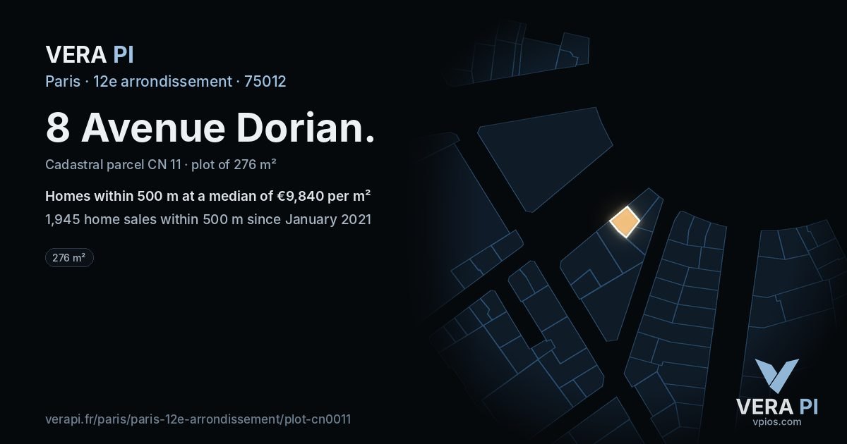 8 Avenue Dorian, 12e arrondissement at night – the plot lit, the parcels around coloured by the prices near them
