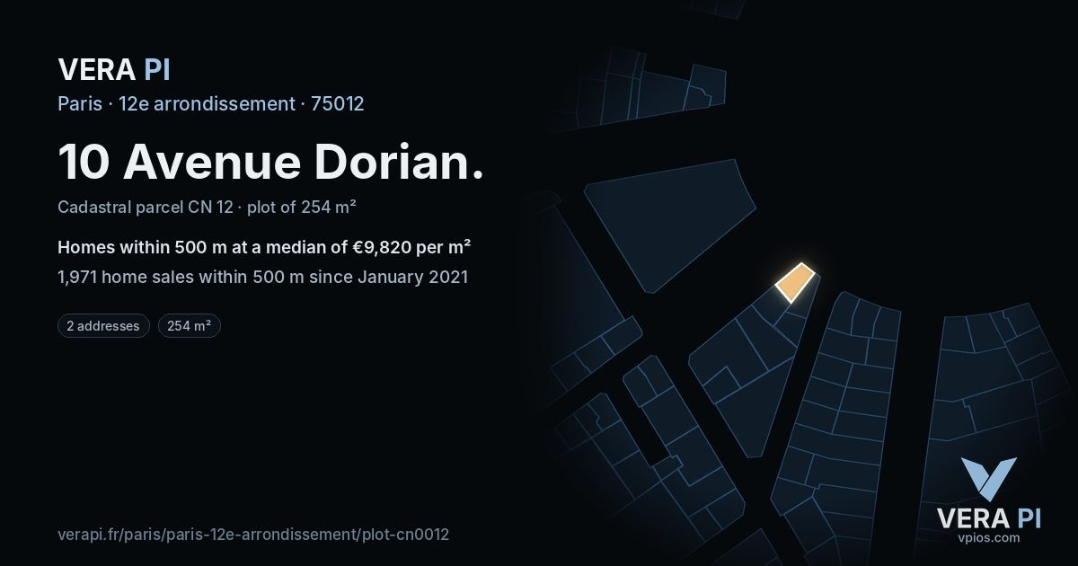 10 Avenue Dorian, 12e arrondissement at night – the plot lit, the parcels around coloured by the prices near them