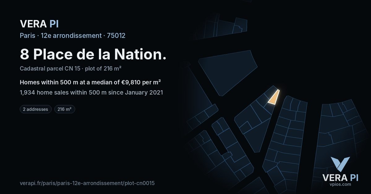 8 Place de la Nation, 12e arrondissement at night – the plot lit, the parcels around coloured by the prices near them