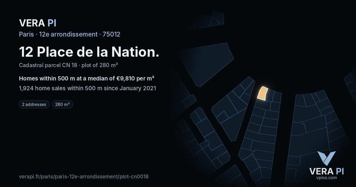 12 Place de la Nation, 12e arrondissement at night – the plot lit, the parcels around coloured by the prices near them
