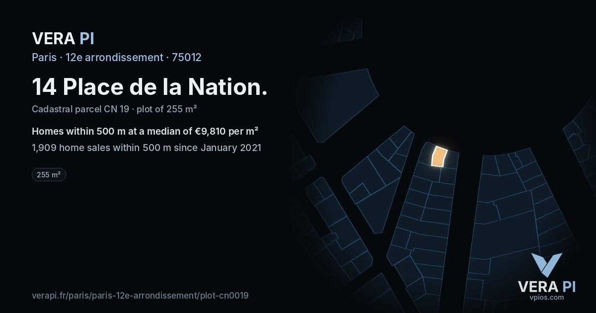 14 Place de la Nation, 12e arrondissement at night – the plot lit, the parcels around coloured by the prices near them