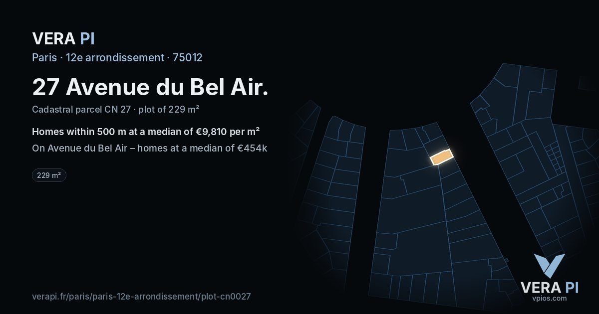 27 Avenue du Bel Air, 12e arrondissement at night – the plot lit, the parcels around coloured by the prices near them
