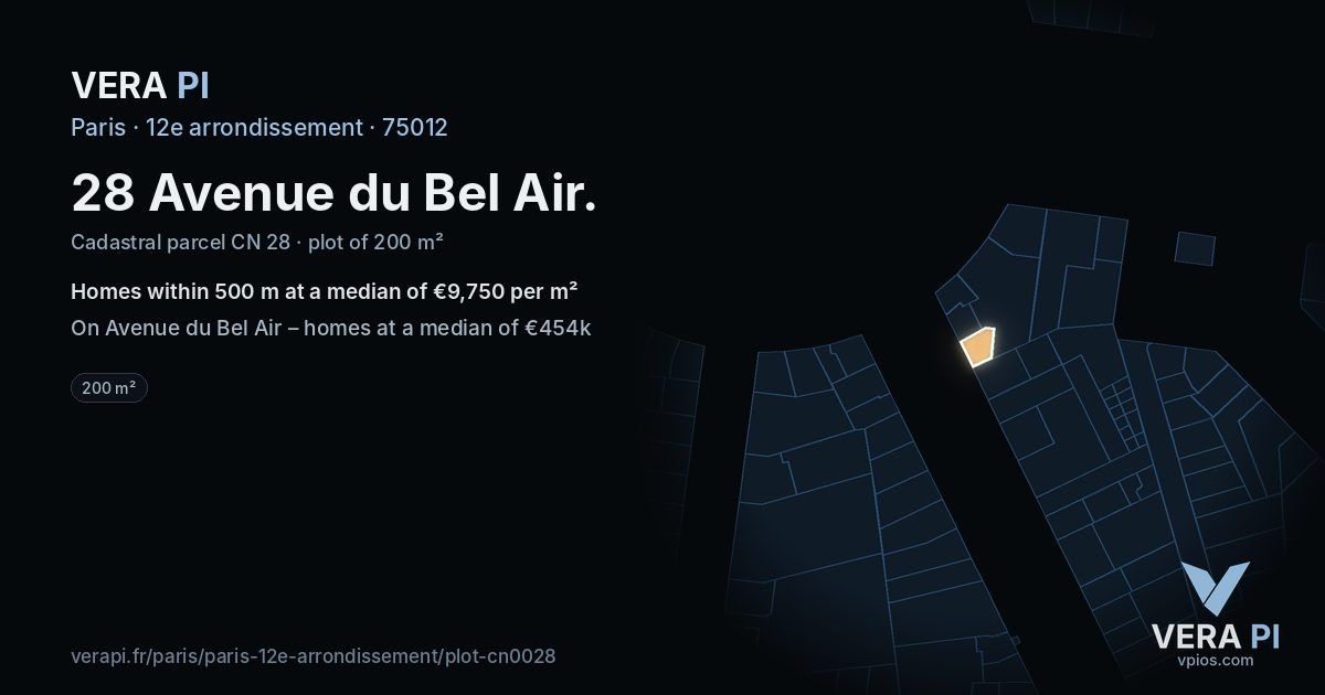 28 Avenue du Bel Air, 12e arrondissement at night – the plot lit, the parcels around coloured by the prices near them
