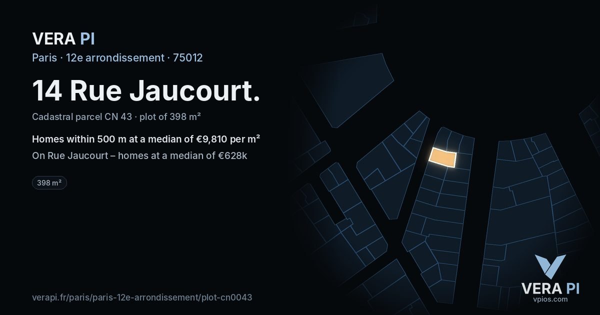 14 Rue Jaucourt, 12e arrondissement at night – the plot lit, the parcels around coloured by the prices near them