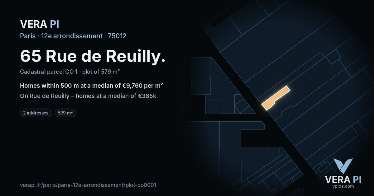 65 Rue de Reuilly, 12e arrondissement at night – the plot lit, the parcels around coloured by the prices near them