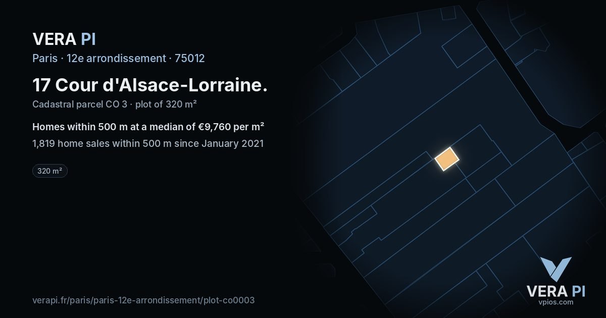 17 Cour d'Alsace-Lorraine, 12e arrondissement at night – the plot lit, the parcels around coloured by the prices near them