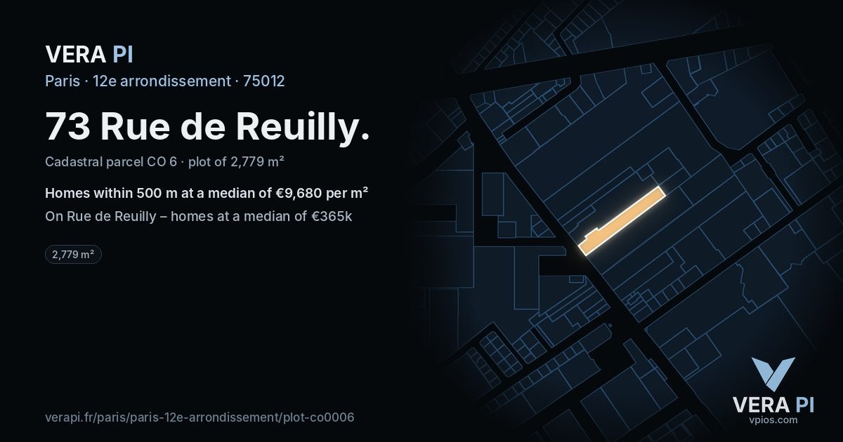 73 Rue de Reuilly, 12e arrondissement at night – the plot lit, the parcels around coloured by the prices near them
