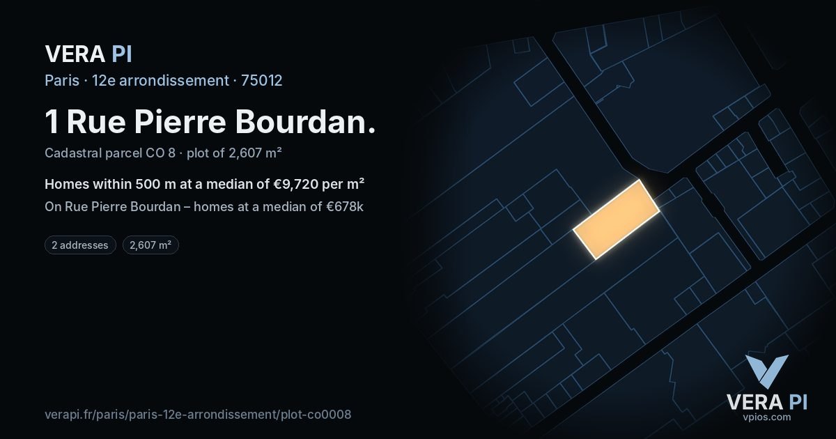 1 Rue Pierre Bourdan, 12e arrondissement at night – the plot lit, the parcels around coloured by the prices near them