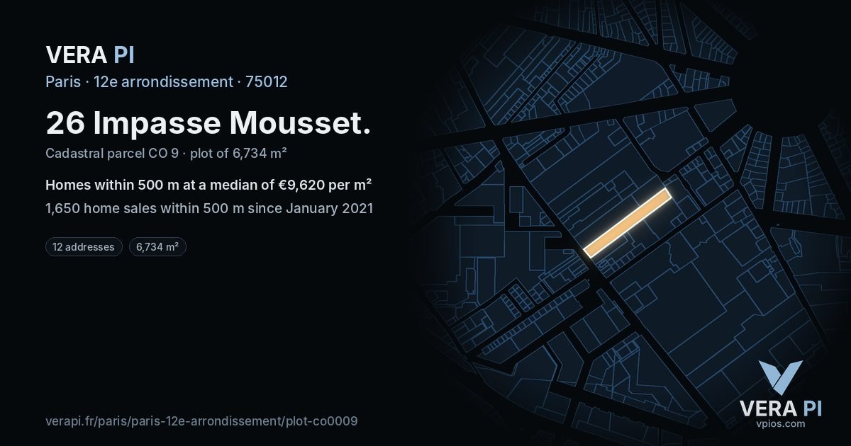 26 Impasse Mousset, 12e arrondissement at night – the plot lit, the parcels around coloured by the prices near them