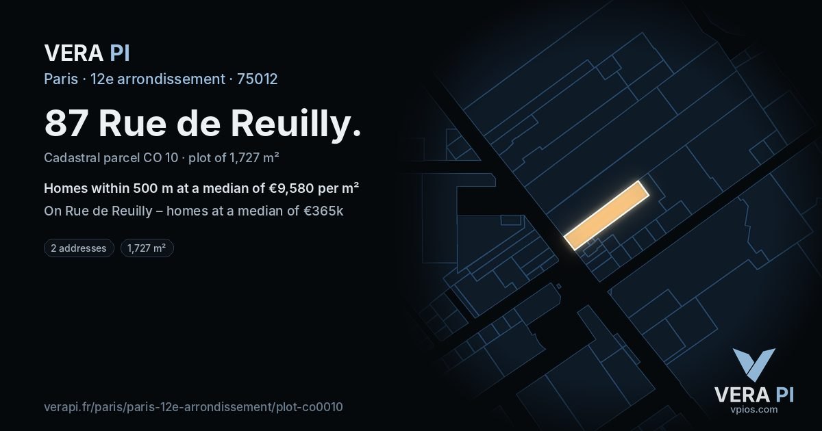 87 Rue de Reuilly, 12e arrondissement at night – the plot lit, the parcels around coloured by the prices near them
