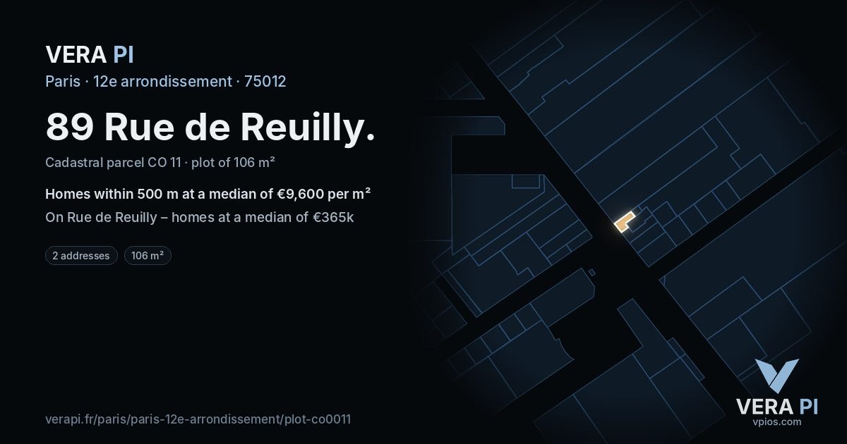 89 Rue de Reuilly, 12e arrondissement at night – the plot lit, the parcels around coloured by the prices near them