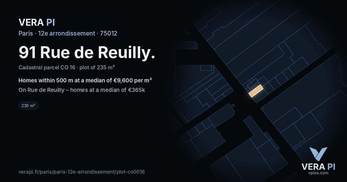 91 Rue de Reuilly, 12e arrondissement at night – the plot lit, the parcels around coloured by the prices near them