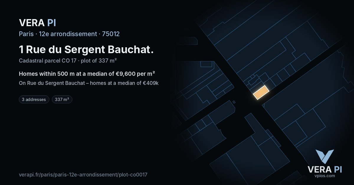 1 Rue du Sergent Bauchat, 12e arrondissement at night – the plot lit, the parcels around coloured by the prices near them