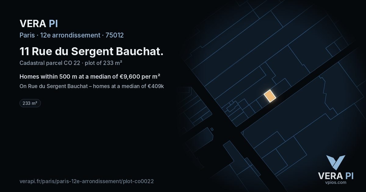11 Rue du Sergent Bauchat, 12e arrondissement at night – the plot lit, the parcels around coloured by the prices near them