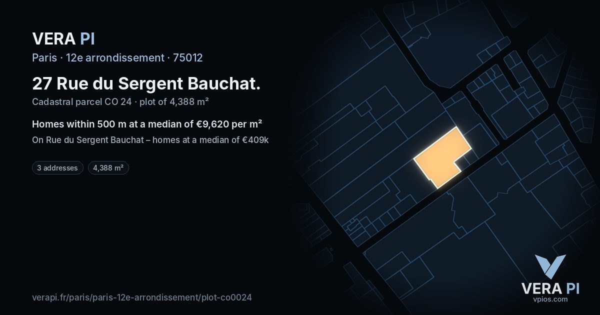 27 Rue du Sergent Bauchat, 12e arrondissement at night – the plot lit, the parcels around coloured by the prices near them