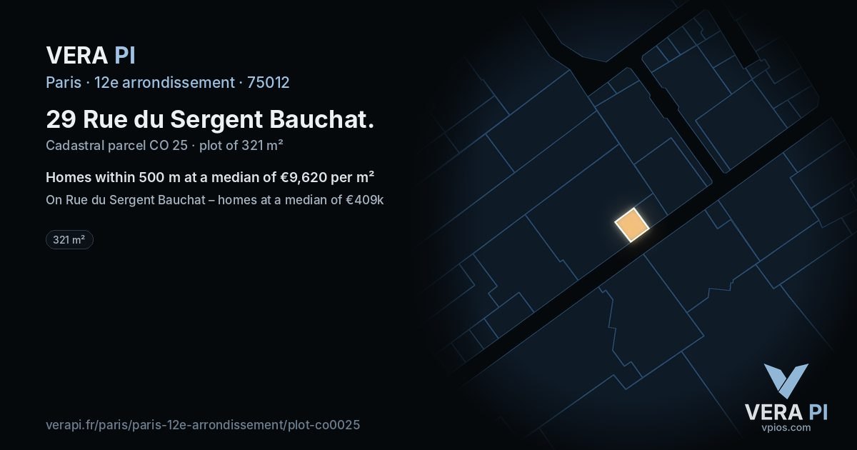 29 Rue du Sergent Bauchat, 12e arrondissement at night – the plot lit, the parcels around coloured by the prices near them