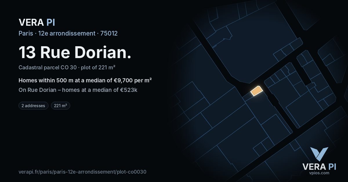 13 Rue Dorian, 12e arrondissement at night – the plot lit, the parcels around coloured by the prices near them