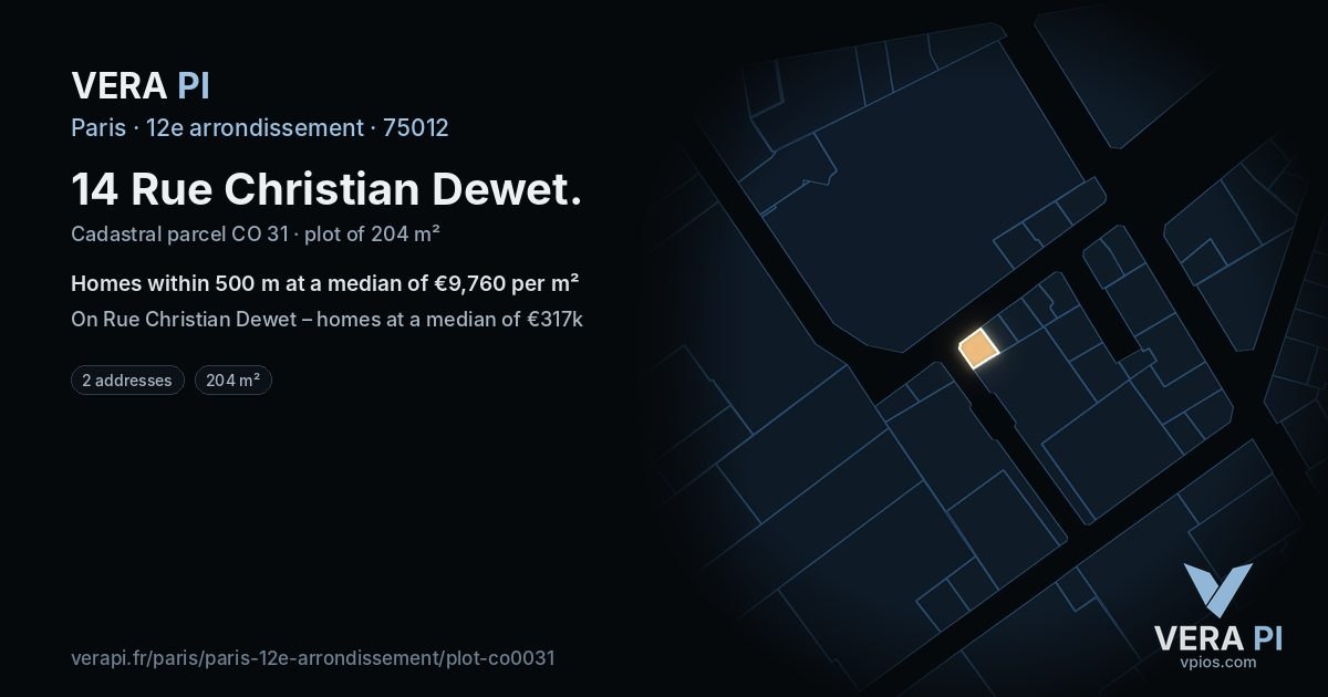14 Rue Christian Dewet, 12e arrondissement at night – the plot lit, the parcels around coloured by the prices near them
