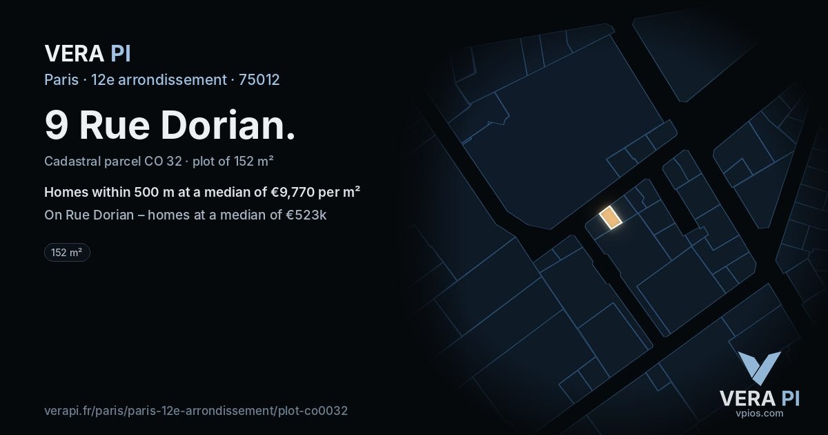 9 Rue Dorian, 12e arrondissement at night – the plot lit, the parcels around coloured by the prices near them