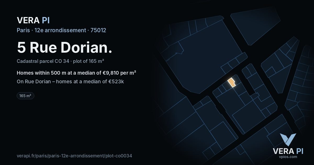 5 Rue Dorian, 12e arrondissement at night – the plot lit, the parcels around coloured by the prices near them