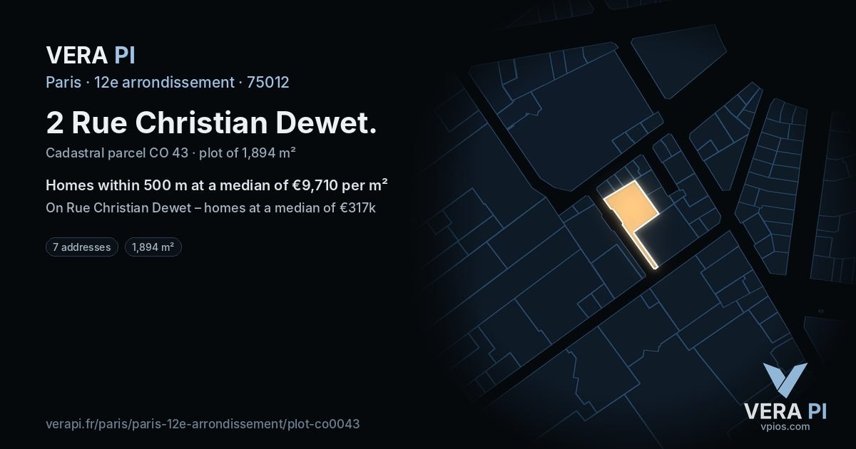 2 Rue Christian Dewet, 12e arrondissement at night – the plot lit, the parcels around coloured by the prices near them