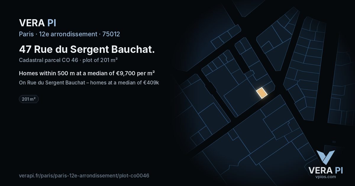 47 Rue du Sergent Bauchat, 12e arrondissement at night – the plot lit, the parcels around coloured by the prices near them