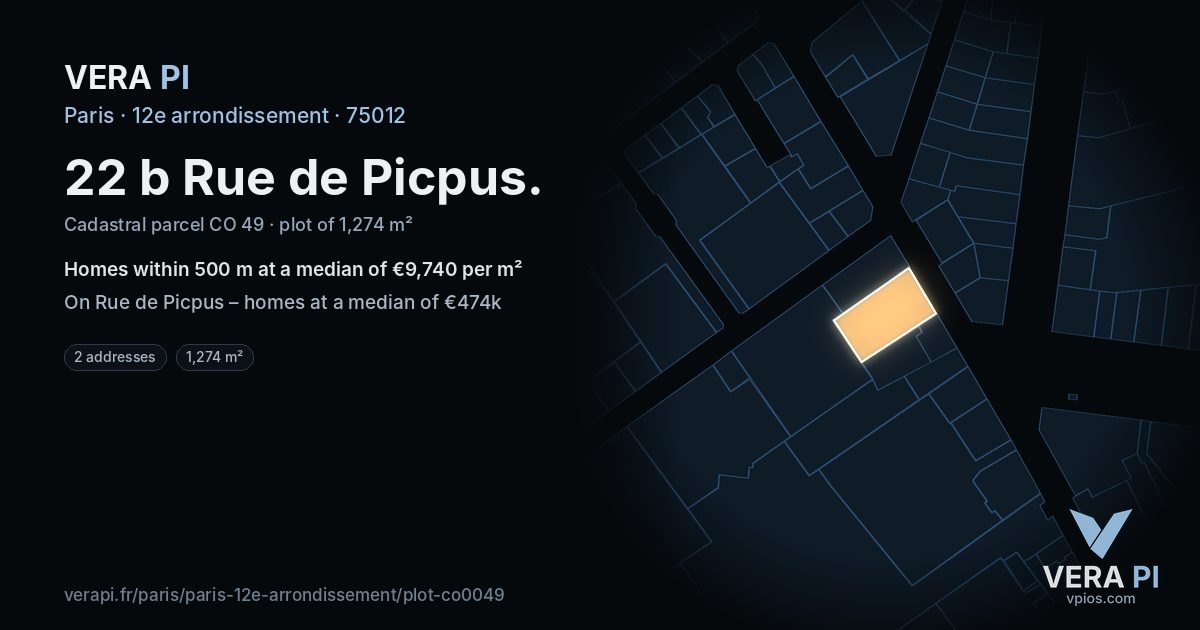 22 b Rue de Picpus, 12e arrondissement at night – the plot lit, the parcels around coloured by the prices near them