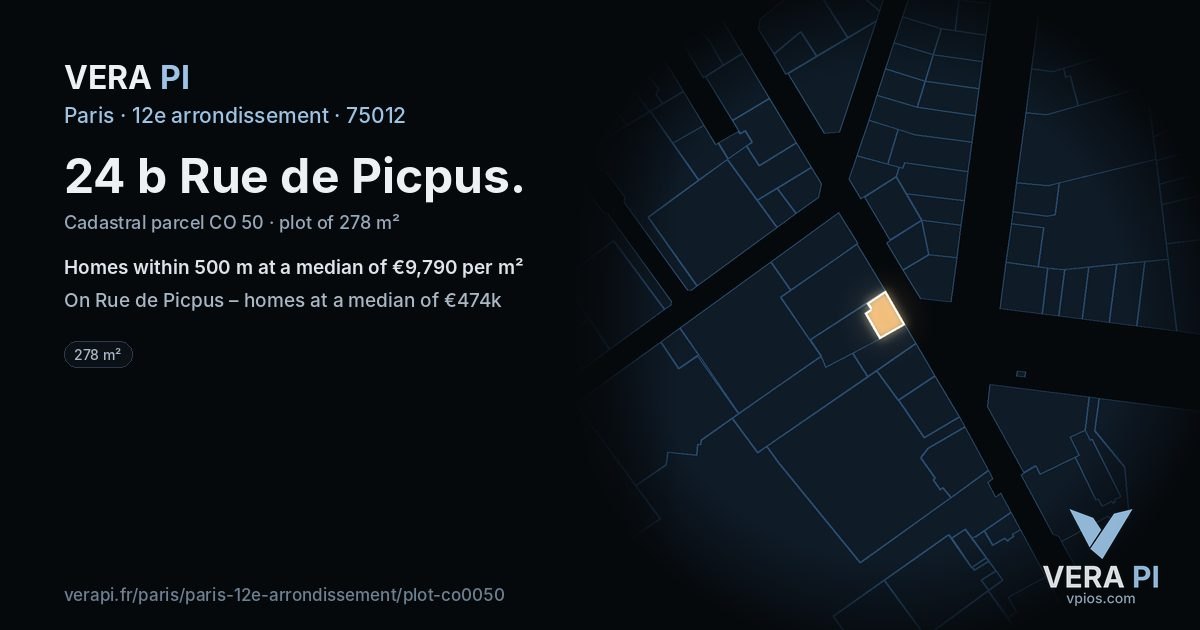 24 b Rue de Picpus, 12e arrondissement at night – the plot lit, the parcels around coloured by the prices near them